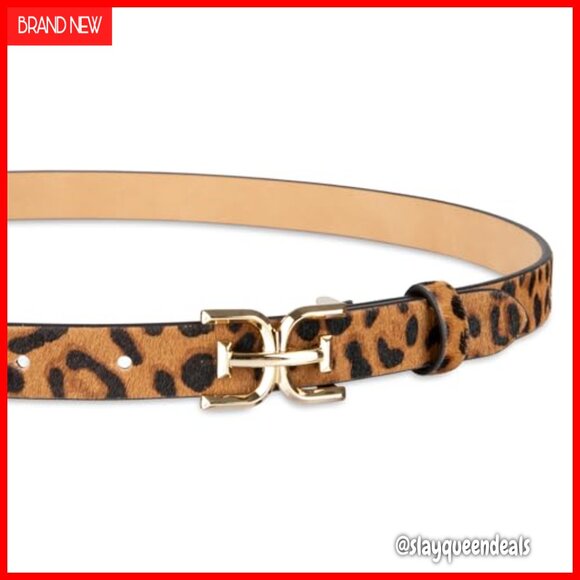 Skinny Leopard Print Belt with Logo Buckle, Adjustable Fit, Sizes S-XL